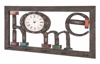Haku Wandgarderobe aus MDF in Vintageoptik Schriftzug "HOME" und integrierter Uhr, mit 5 Garderobenhaken