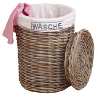 Wäschekorb aus KUBU-Rattan mit Deckel, rund, grau