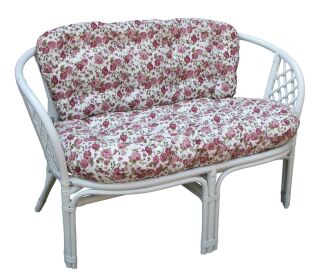 Rattansitzbank mit Kissenauflage 2-Sitzer, weiß "Rosenmotiv"