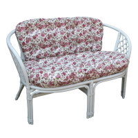 Rattansitzbank mit Kissenauflage 2-Sitzer, weiß "Rosenmotiv" 1