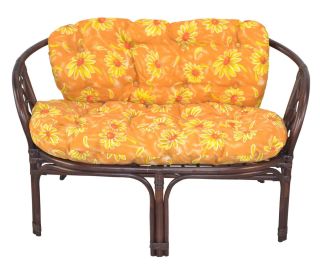 Rattansitzbank mit Kissenauflage 2-Sitzer, braun/ocker Sonnenblumenmotiv