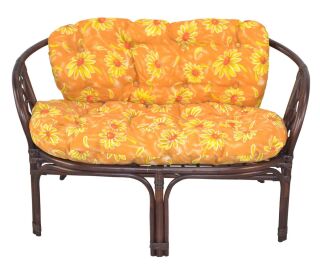 Rattansitzbank mit Kissenauflage 2-Sitzer, braun/ocker "Sonnenblumenmotiv"